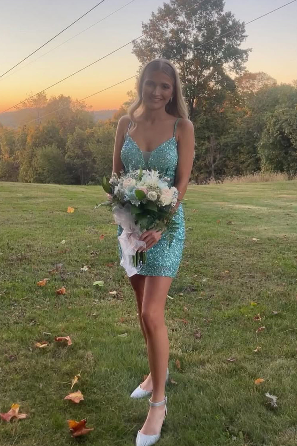 Cute Bodycon V Neck Mint Sequins Homecoming Dresses AB25052836