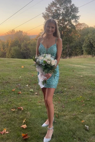 Cute Bodycon V Neck Mint Sequins Homecoming Dresses AB25052836