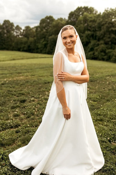Elegant A Line Sqaure Neck Satin Wedding Dress AB26060917