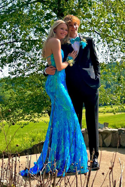 Sparkly Mermaid Sweethart Blue Sequins Long Prom Dresses with Lace up Back AB061823