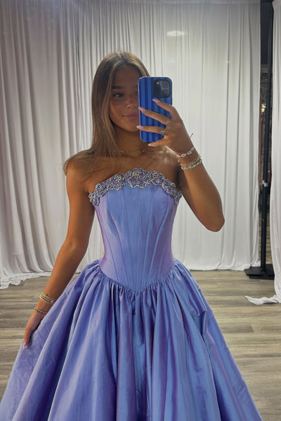 Gorgeous A Line Strapless Blue Satin Prom Dress with Beading AB26102502