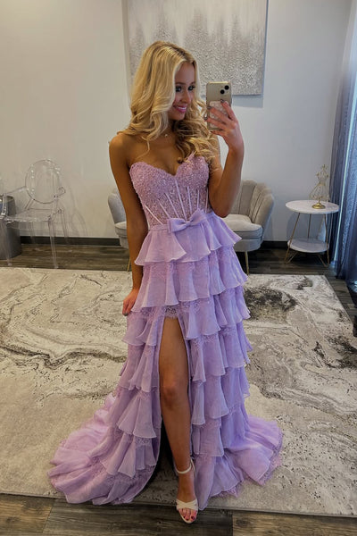 Cute A Line Sweetheart Lavender Chiffon Prom Dress with Slit  AB25102103