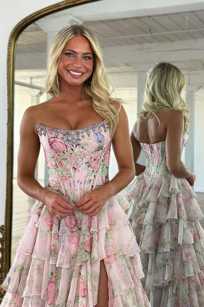 Cute A Line Scoop Neck Tiered Chiffon Prom Dress with Beading AB25102902