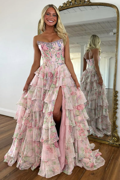 Cute A Line Scoop Neck Tiered Chiffon Prom Dress with Beading AB25102902