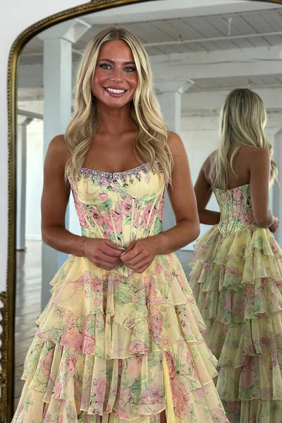 Cute A Line Scoop Neck Tiered Chiffon Prom Dress with Beading AB25102902