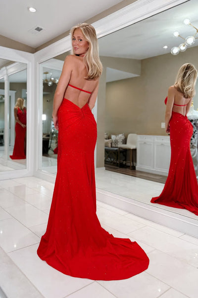 Charming Mermaid Halter Red Stretch Saitn Prom Dress with Hot Stone AB26032605