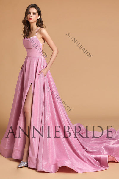 Cute A Line Scoop Neck Pink Sparkly Satin Prom Dresses with Slit AB061829