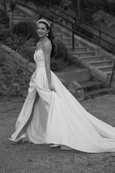 Fairy A Line V Neck Satin Long Wedding Dresses AB24100501