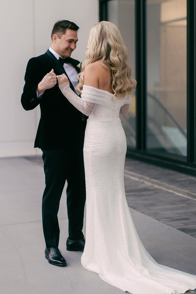 Sparkly Mermaid Off the Shoulder Long Sleeves Sequins Wedding Dresses AB081910 Anniebride Sparkly Mermaid Off the Shoulder Long Sleeves Sequins Wedding Dresses AB081910 Anniebride