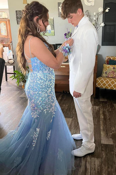 Cute Mermaid V Neck Light Blue Sequins Long Prom Dresses AB101905