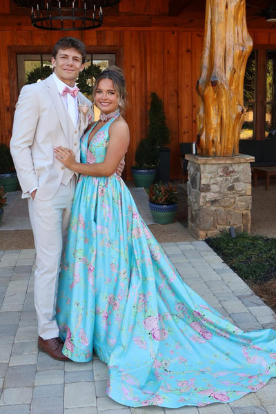 Cute A Line V Neck Floral Satin Long Prom Dress with Slit AB26040106