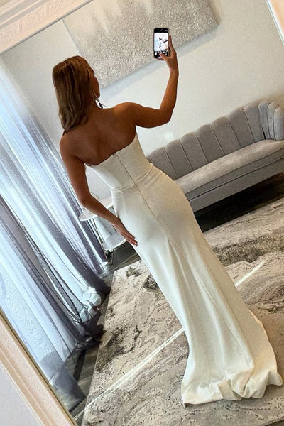 Charming Mermaid V Neck White Satin Prom Dress with Side Slit AB25111803