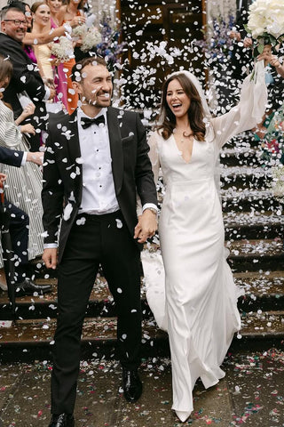 Fashion Sheath V Neck Satin Wedding Dresses with Long Sleeves AB24120912