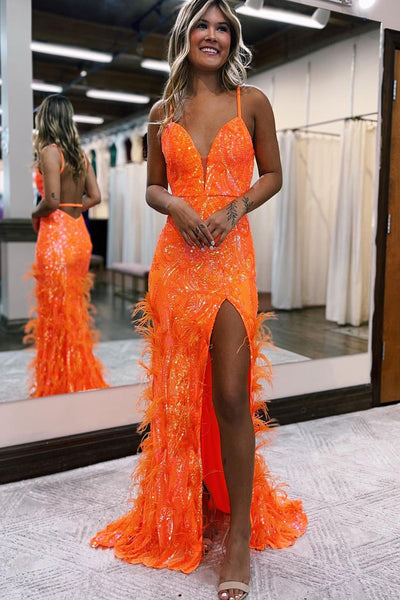 Charming Mermaid V Neck Green Sequins Long Prom Dresses with Feather AB111901