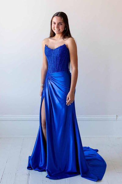 Mermaid Scoop Neck Royal Blue Satin Slit Prom Dress with Appliques AB26102911