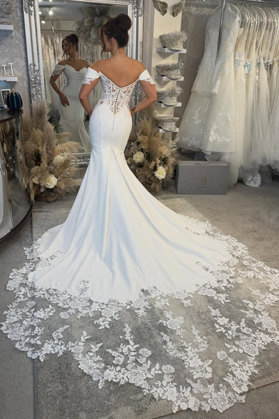 Off the Shoulder Mermaid Elastic Satin Wedding Dress with Appliques AB26060812