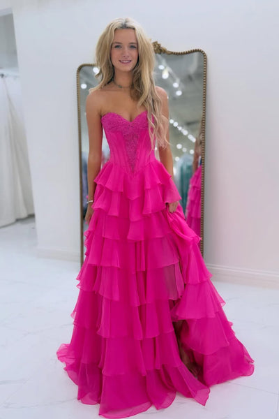 Cute A Line Sweetheart Navy Tiered Chiffon Prom Dress with Slit AB26012406