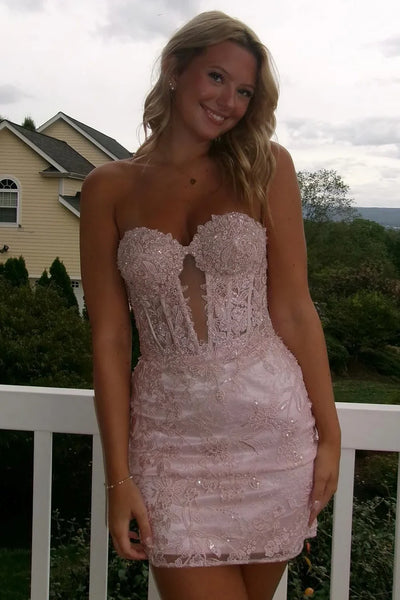 Cute Bodycon Sweetheart Light Pink Short Lace Homecoming Dress AB25082506