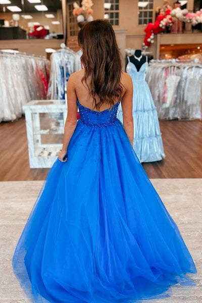 Cute A Line Sweetheart Royal Blue Tulle Prom Dress with Beading AB25020307