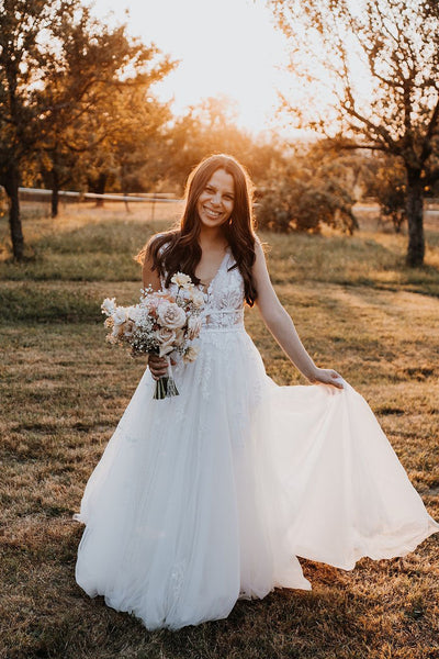 Bohemian A Line V Neck Tulle Long Wedding Dresses with Appliques AB24101707