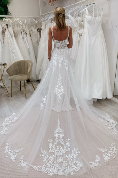 Bohomian A Line Square Neck Tulle Wedding Dress with Appliques AB25121503