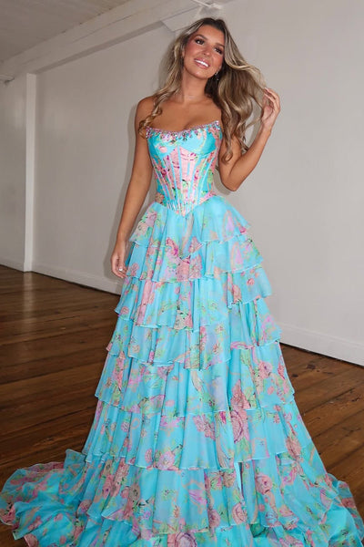 New Arrival A Line Scoop Neck Floral Chiffon Prom Dress with Beading AB16122803