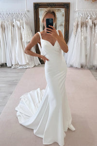 Simple Mermaid V Neck Elastic Satin Wedding Dresses with Train AB25050704