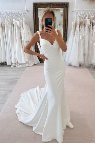 Simple Mermaid V Neck Elastic Satin Wedding Dresses with Train AB25050704