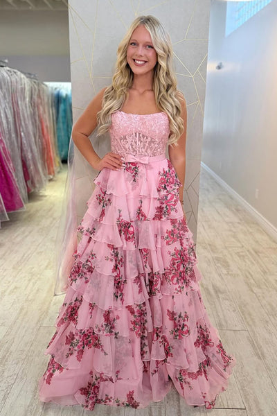 Cute A Lien Square Neck Floral Chiffon Prom Dress AB26031803