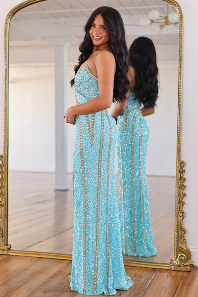 Charming Mermaid V Neck Aqua Sequins Prom Dress with Beading AB26102501