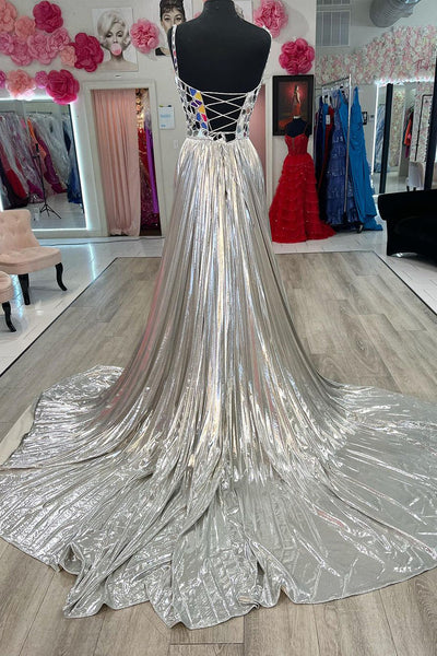 Sparkly A-Line Scoop Neck Sliver Satin Long Prom Dresses with Beading AB4022103