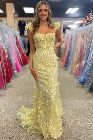 Charming Mermaid Sweetheart Yellow Lace Sequins Long Prom Dresses AB112203