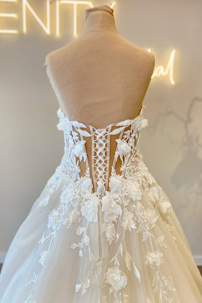 Bohemian A Line Sweetheart Tulle Long Wedding Dress with Appliques AB25100603