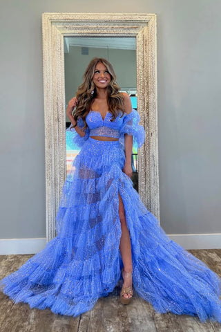 Cute A Line V Neck Blue Sparkly Tulle Prom Dresses with Ruffled Sleeves AB25050212