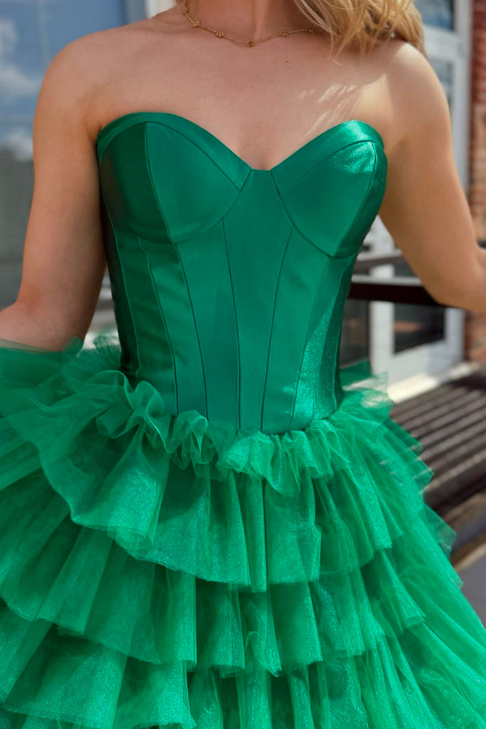 Cute A Line Sweetheart Green Tulle Tiered Long Prom Dresses with Slit AB24092602 Anniebride Cute A Line Sweetheart Green Tulle Tiered Long Prom Dresses with Slit AB24092602 Anniebride