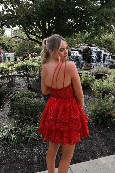 Cute A Line One Shoulder Red Tulle Short Homecoming Dresses with Appliques AB091906