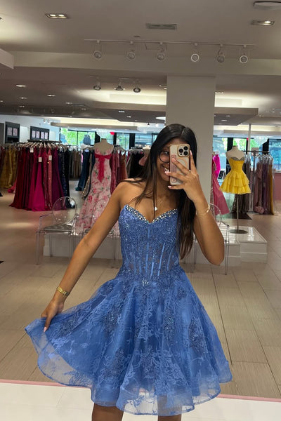 A Line V Neck Dark Blue Lace Homecoming Dress with Beading AB26060308