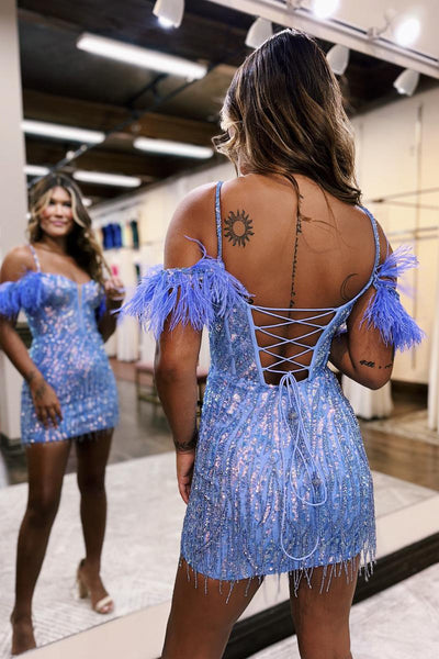 Cute Tight Scoop Neck Blue Sequins Short Homecoming Dresses with Feather AB101404