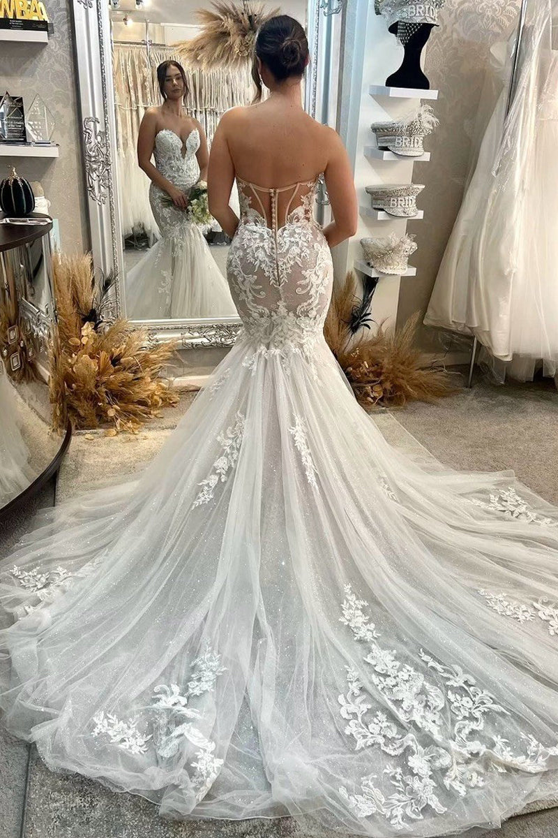 Elegant Mermaid Sweetheart Tulle Wedding Dresses with Appliques AB24070206 Anniebride Elegant Mermaid Sweetheart Tulle Wedding Dresses with Appliques AB24070206 Anniebride