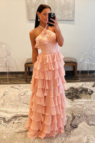 A-Line Halter Pink Ruffle Tiered Chiffon Long Prom Dress AB4032801