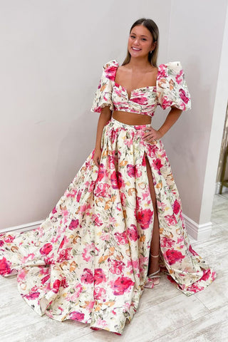 Cute Two Piece Floral Printed Puff Sleeves Long Prom Dress with Slit AB4051202