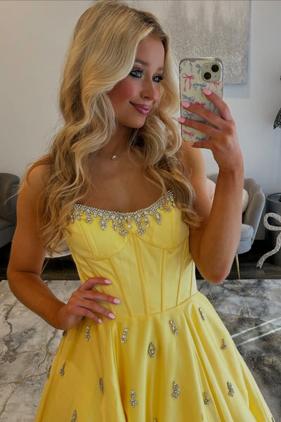 Gorgeous Ball Gown Scoop Neck Yellow Satin Prom Dress with Beading AB26031308