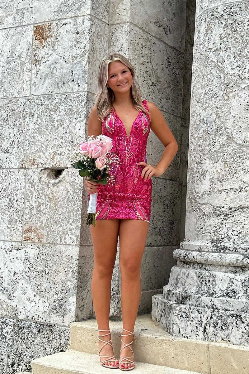 Fuchsia V Neck Sequins Bodycon Short Homecoming Dress VK24042904 main image 1