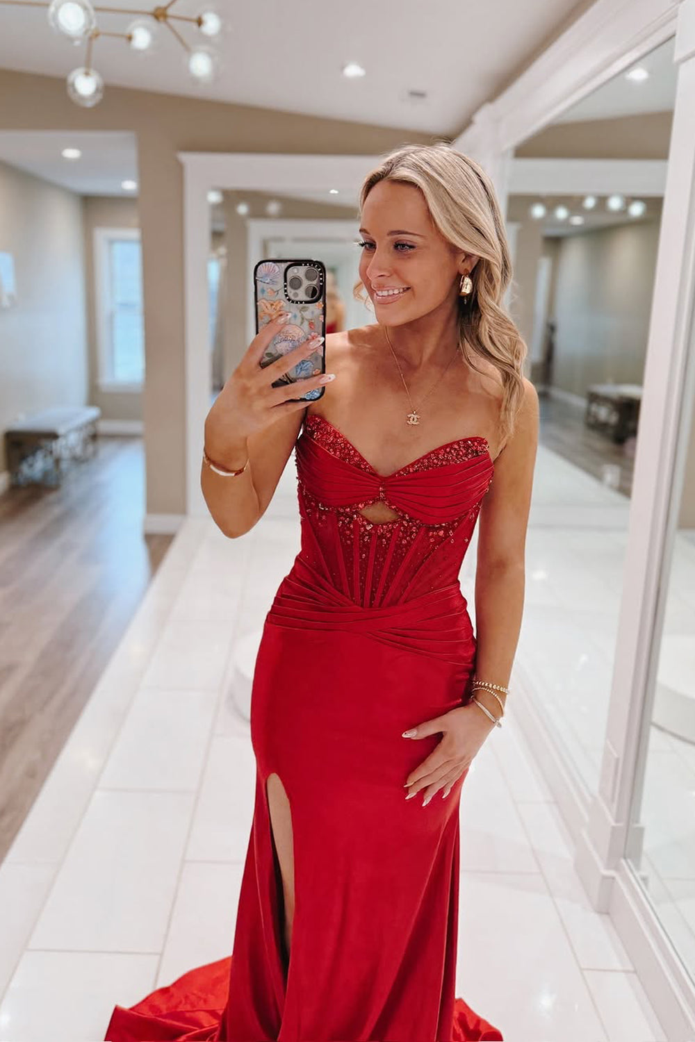 Cute Mermaid V Neck Red Satin Long Prom Dress with Beading AB25021704