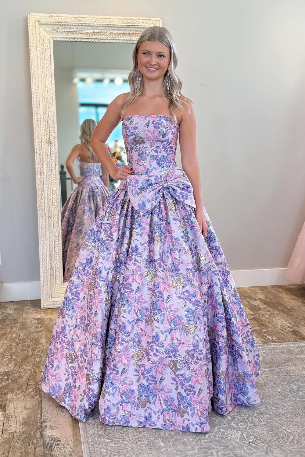 Cute A Line Strapless Laveder Jacquard Satin Long Prom Dress AB25100107