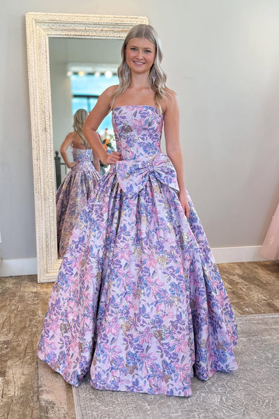 Cute A Line Strapless Laveder Jacquard Satin Long Prom Dress AB25100107