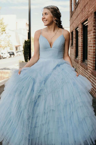 Beautiful A-Line V Neck Sky Blue Tulle Long Prom Dresses AB061812