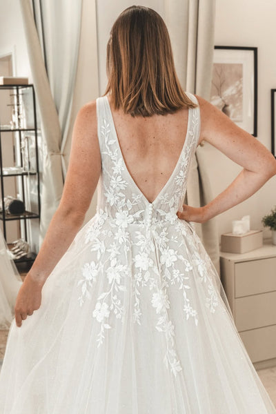 Fairy A Line V Neck Tulle White Wedding Dress with Appliques AB25090806