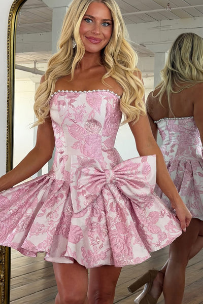 Cute A Line Strapless Jacquard Satin Short Homecoming Dress with Beading AB26060108