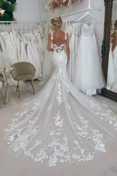 Elegant Mermaid Square Neck Lace Wedding Dress with Appliques AB25061501